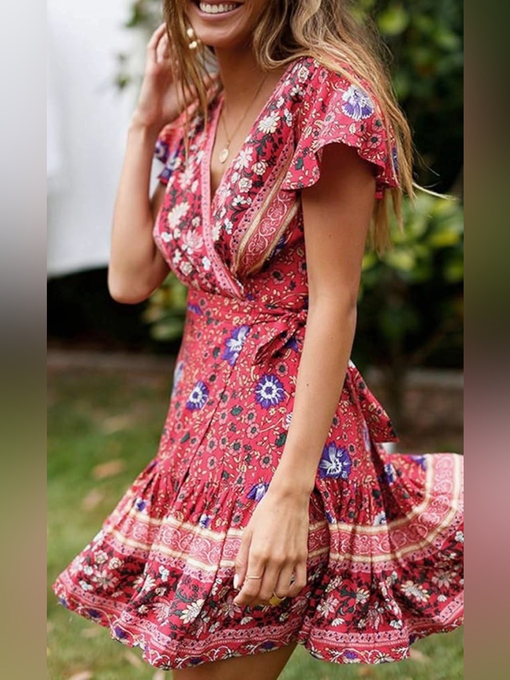 Zesica Vibrant Red Floral Wrap Midi Dress
